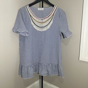 Ces Femme Blue Stripe Embellished Ruffle Hem Top